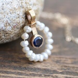 Handcrafted Natural Pearl, Blue Sapphire Pendant Solid 14K Yellow Gold No chain